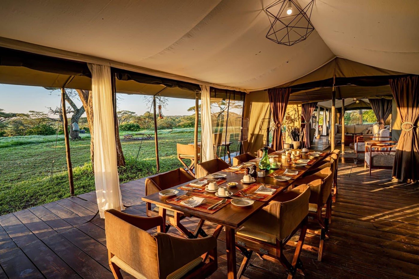 Canvas tented dining space overlooking the Ndutu plains