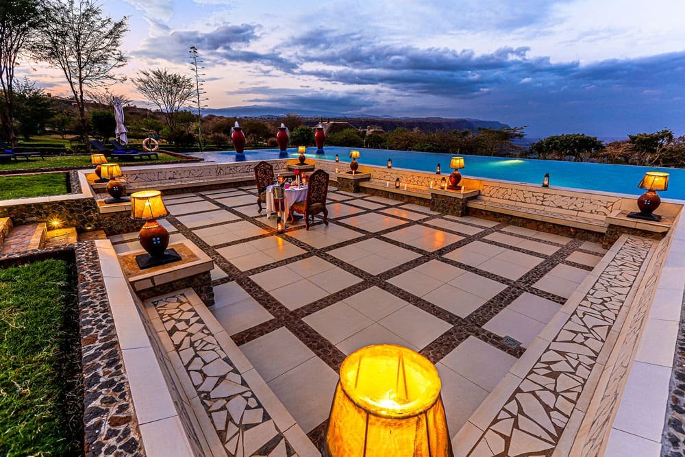 Lake Manyara Kilimamoja Lodge — Poolside terrace with Rift Valley views.