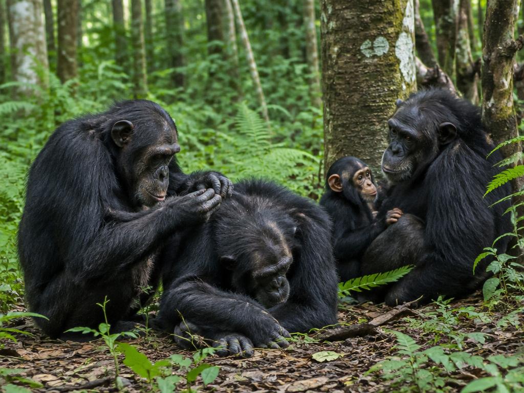 A group of chimpanzees grooming on the forest floor