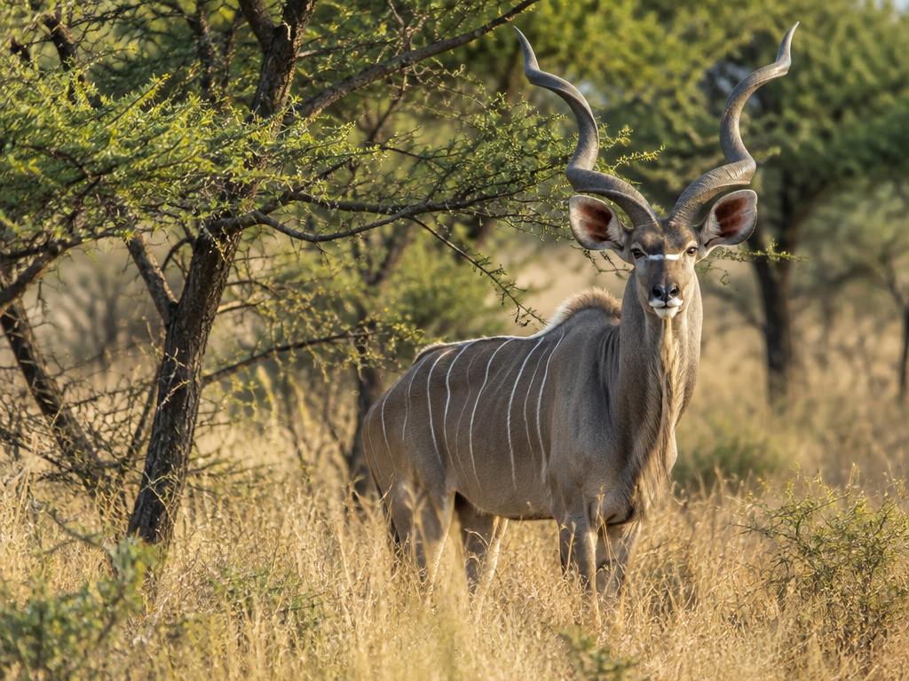 A greater kudu bull with spiral horns among the acacias of Ruaha