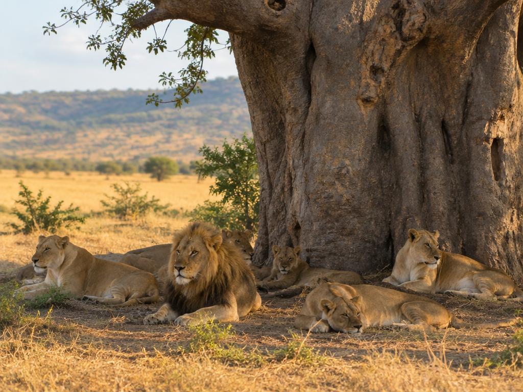 A pride of lions resting in the shade of a Ruaha baobab