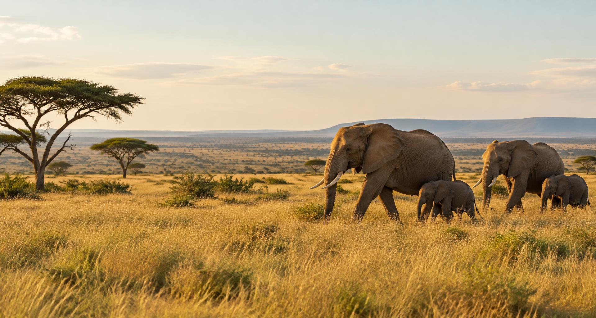 An elephant family crossing the golden Serengeti savannah