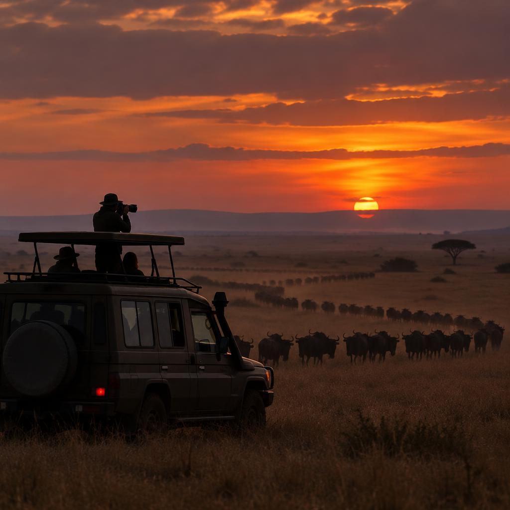 A migration line crossing the endless golden plains of the Serengeti at dusk