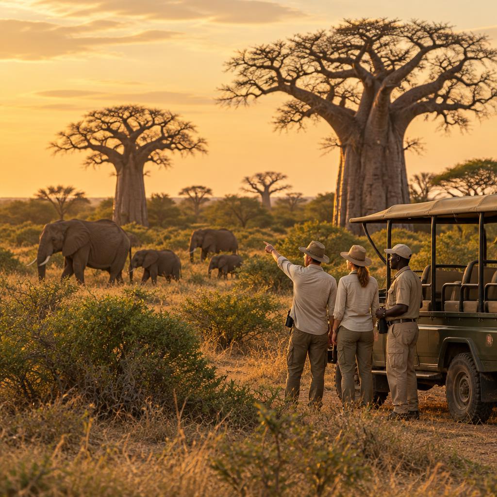 A herd of elephants walking among the ancient baobab trees of Tarangire National Park