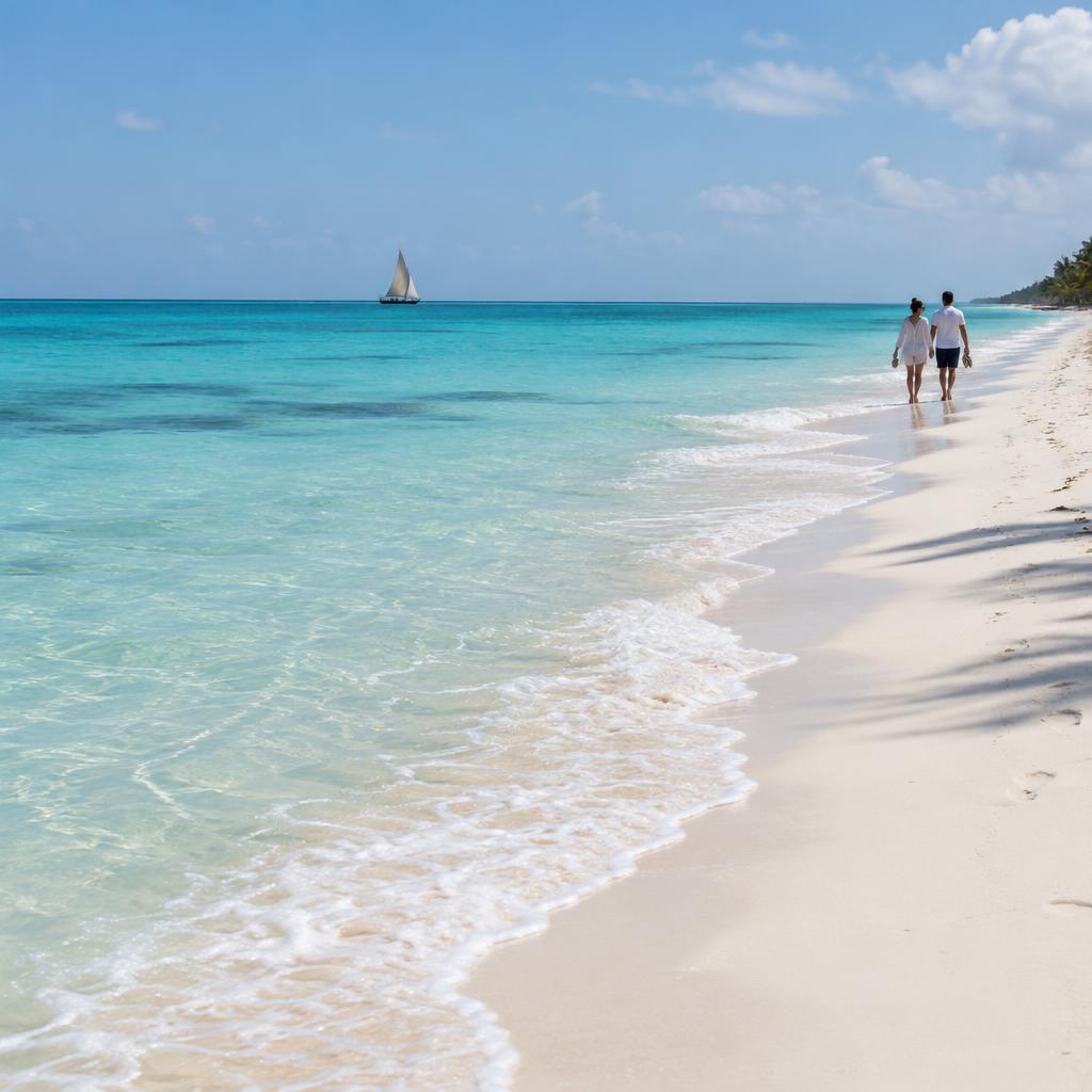 White-sand beach and warm Indian Ocean water on the Zanzibar coast